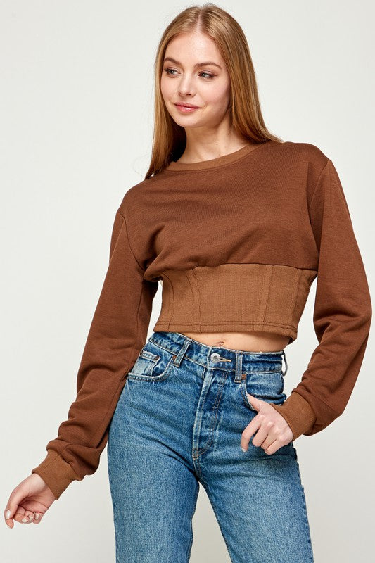 KNIT CROPPED   SWEATSHIRT WITH RIBBED CORSET