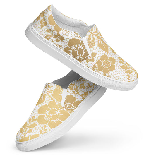 Women’s slip-on canvas shoes from "Gold Collection" Lace n' Gold. Soft insoles & rubber outsoles.