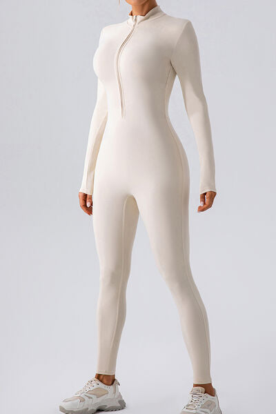 Half Zip Mock Neck Active Jumpsuit, Highly Stretchy - white-side view