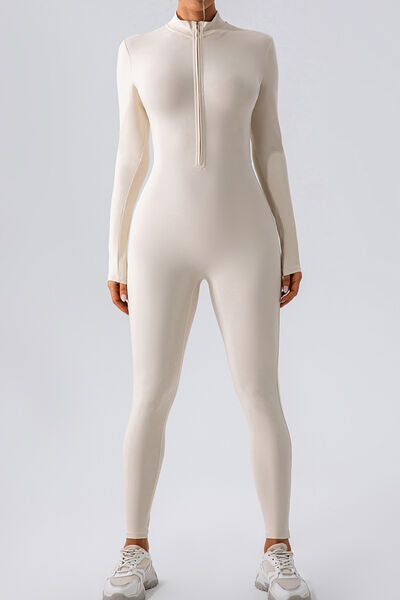 Half Zip Mock Neck Active Jumpsuit, Highly Stretchy - white front view- front zip