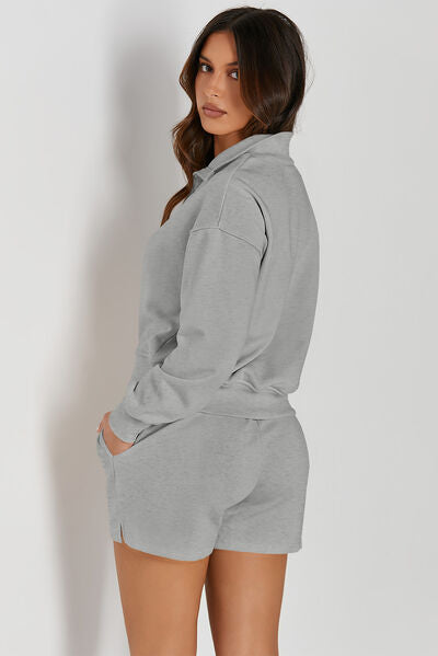 Half Button Sweatshirt and Shorts Active Set, Pocketed, Sizes S-2XL- back view