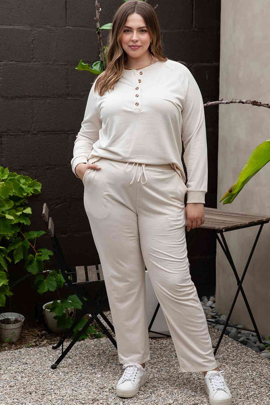 Plus Size Half Button Top and Pants Set, Cream color 1XL-3XL