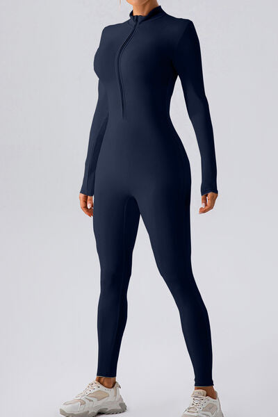 Half Zip Mock Neck Active Jumpsuit, Highly Stretchy-blue side view