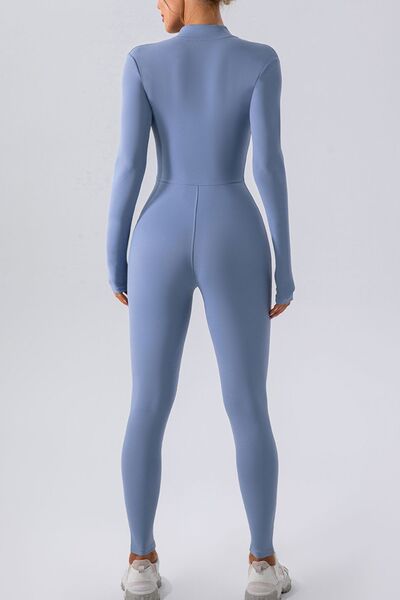 Half Zip Mock Neck Active Jumpsuit, Highly Stretchy- back view -blue