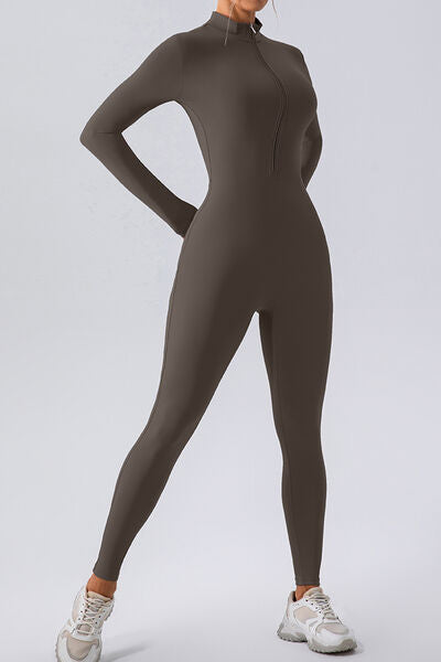 Half Zip Mock Neck Active Jumpsuit, Highly Stretchy