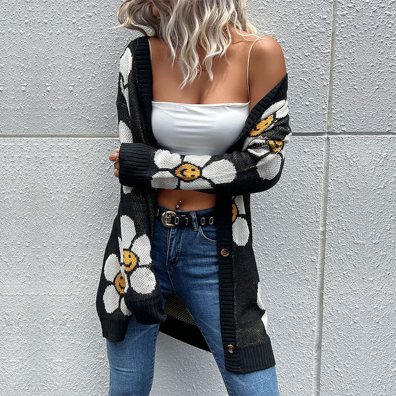 Floral Button Down Longline Cardigan, Casual, chick V-neck long sleeves.