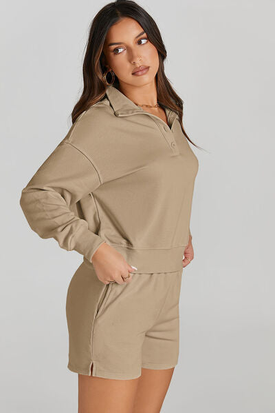 Half Button Sweatshirt and Shorts Active Set, Pocketed, Sizes S-2XL-half button front- long sleeves-Side view