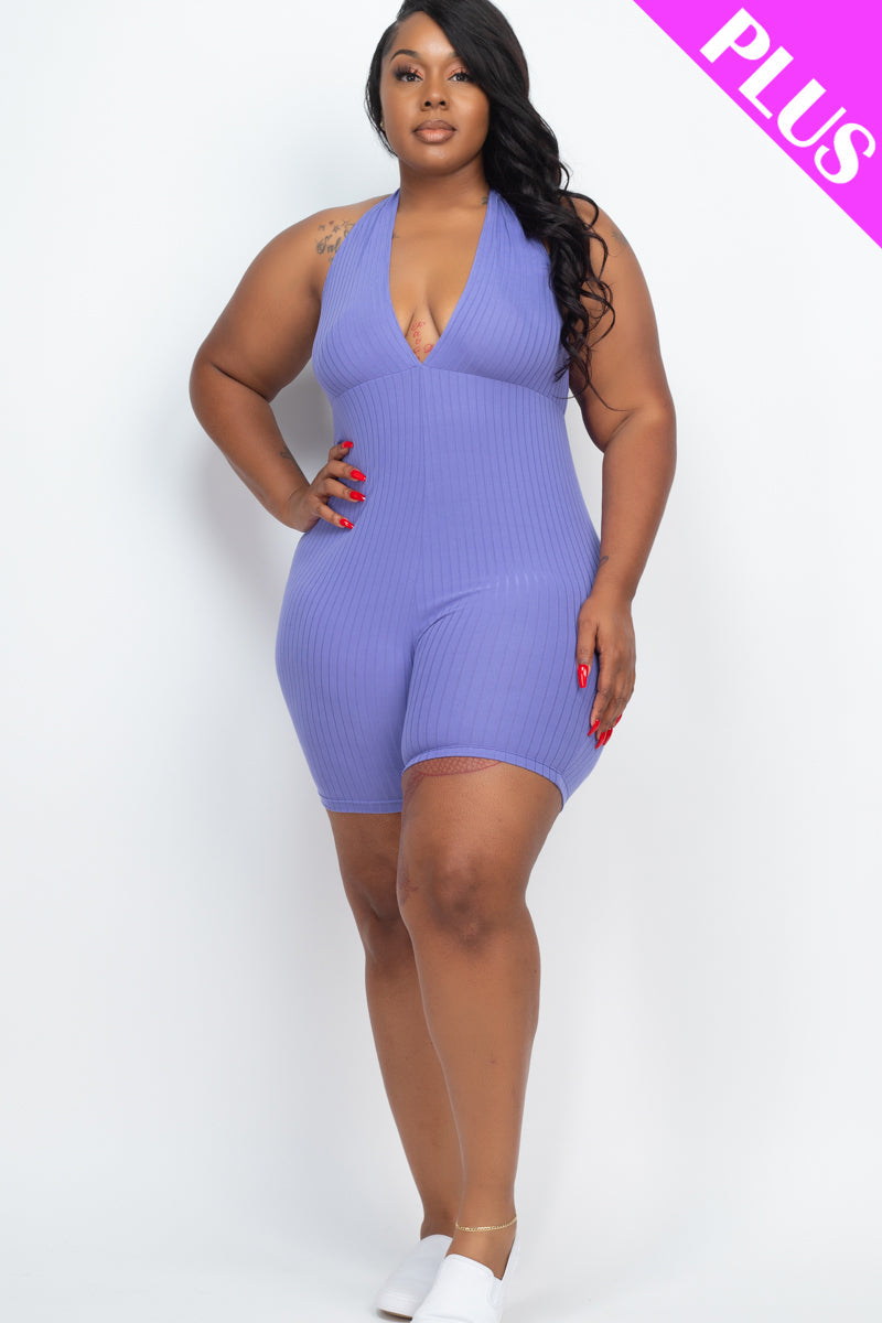 Plus Size Ribbed Halter V-Neck Bodycon Romper-4