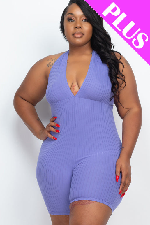 Plus Size Ribbed Halter V-Neck Bodycon Romper-0