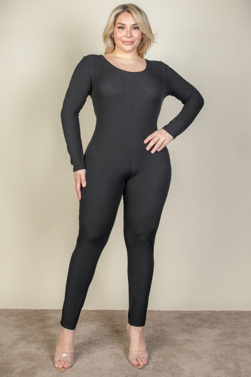 Plus Size Ribbed Scoop Neck Long Sleeve Jumpsuit-5