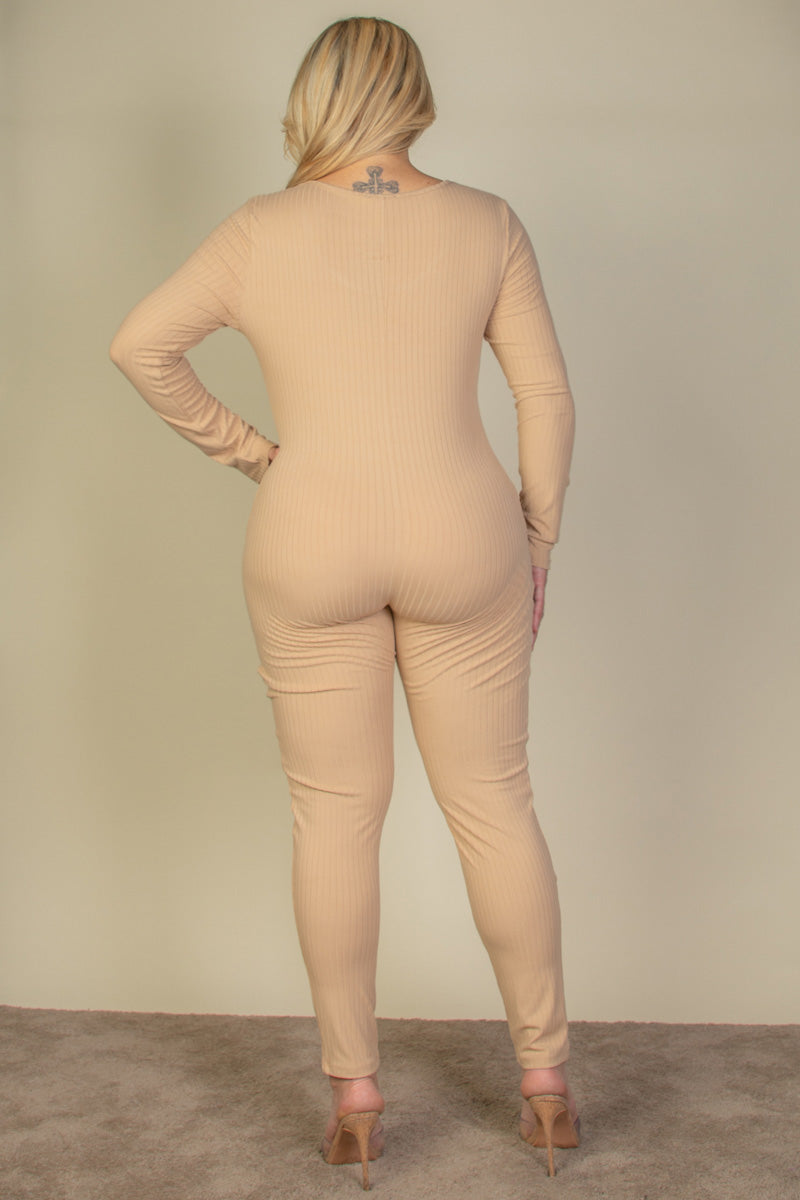 Plus Size Ribbed Scoop Neck Long Sleeve Jumpsuit-14
