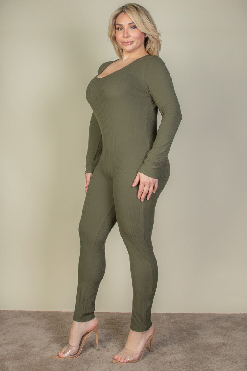 Plus Size Ribbed Scoop Neck Long Sleeve Jumpsuit-2