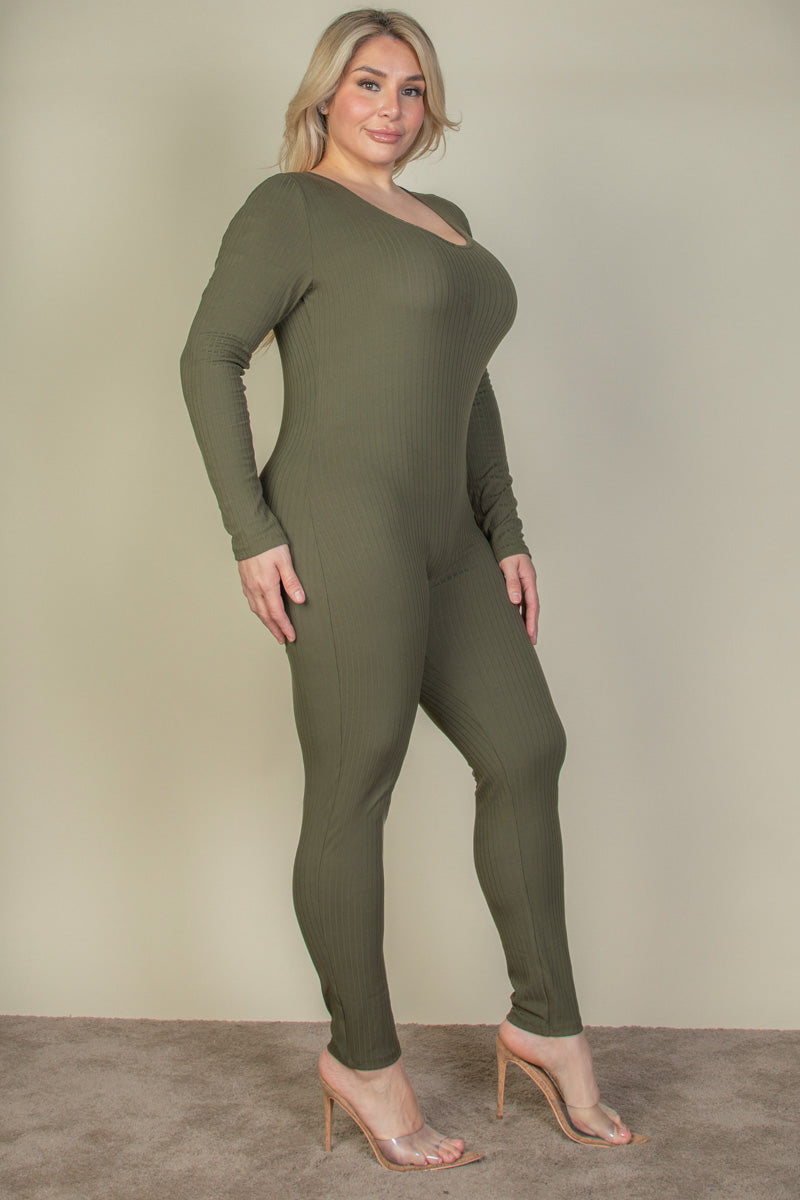 Plus Size Ribbed Scoop Neck Long Sleeve Jumpsuit-3