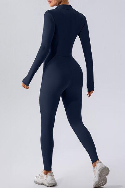 Half Zip Mock Neck Active Jumpsuit, Highly Stretchy- back view - blue