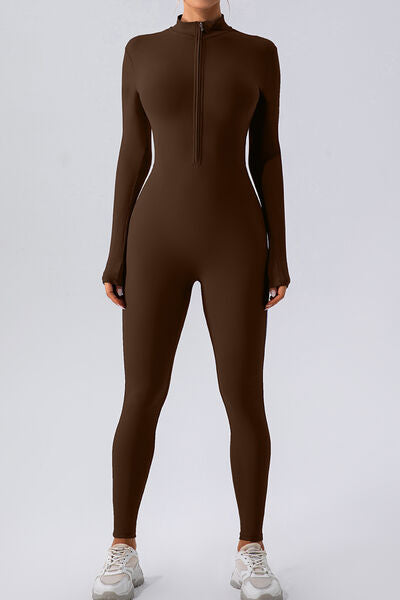 Half Zip Mock Neck Active Jumpsuit, Highly Stretchy-front view- brown