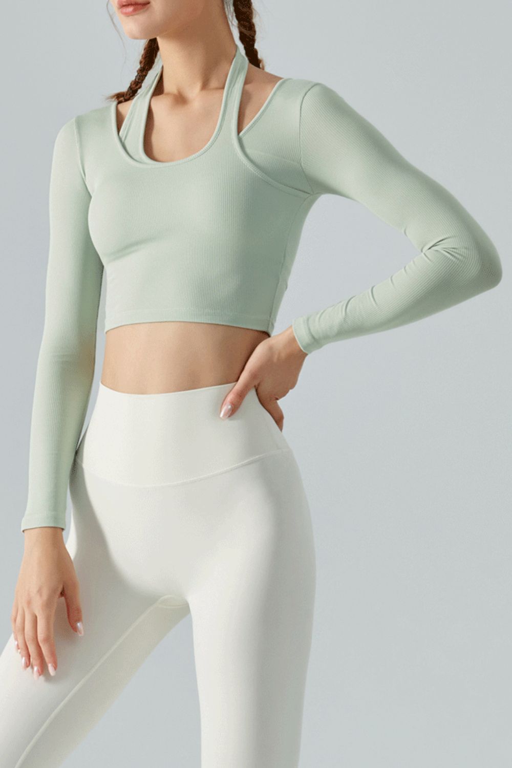 Halter Neck Long Sleeve Cropped Sports Top- stretchy long sleeves