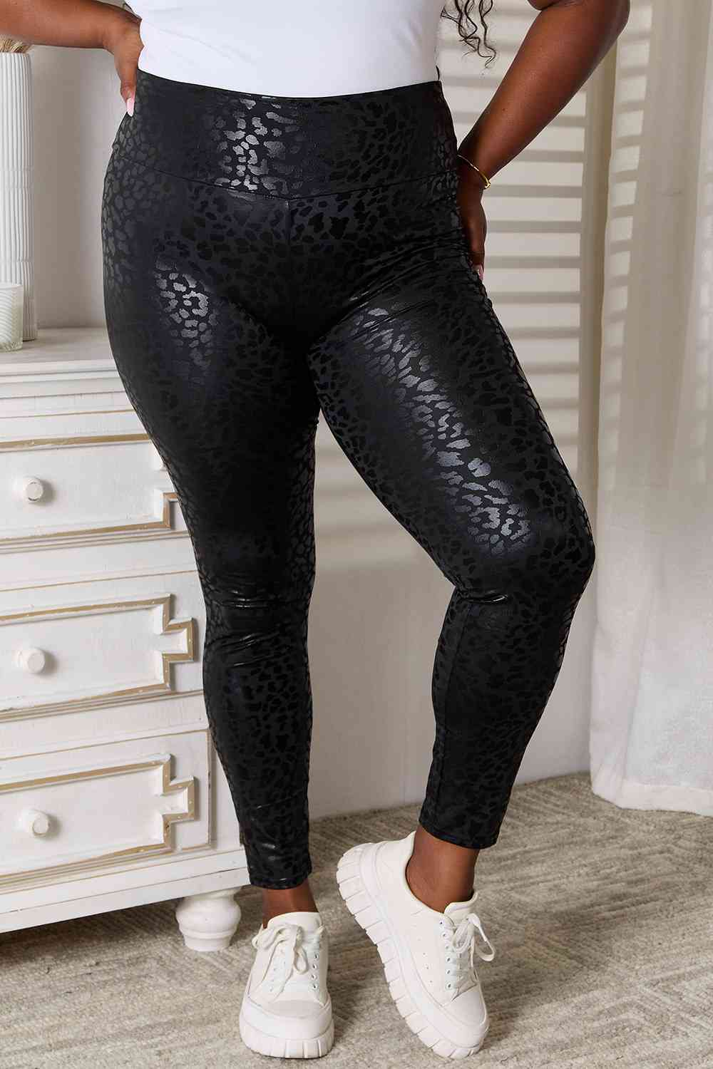 Double Take High Waist Leggings, perfect for workouts or everyday wear- black - closeup of front view