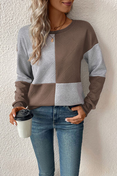 Textured Color Block Round Neck Sweatshirt