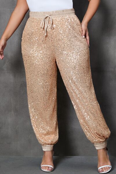 Plus Size Sequin Drawstring Joggers with Pockets