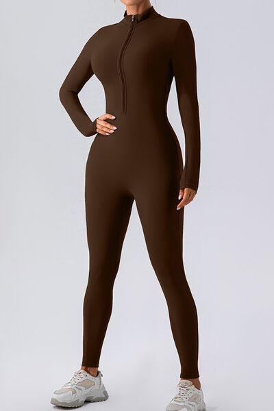 Half Zip Mock Neck Active Jumpsuit, Highly Stretchy