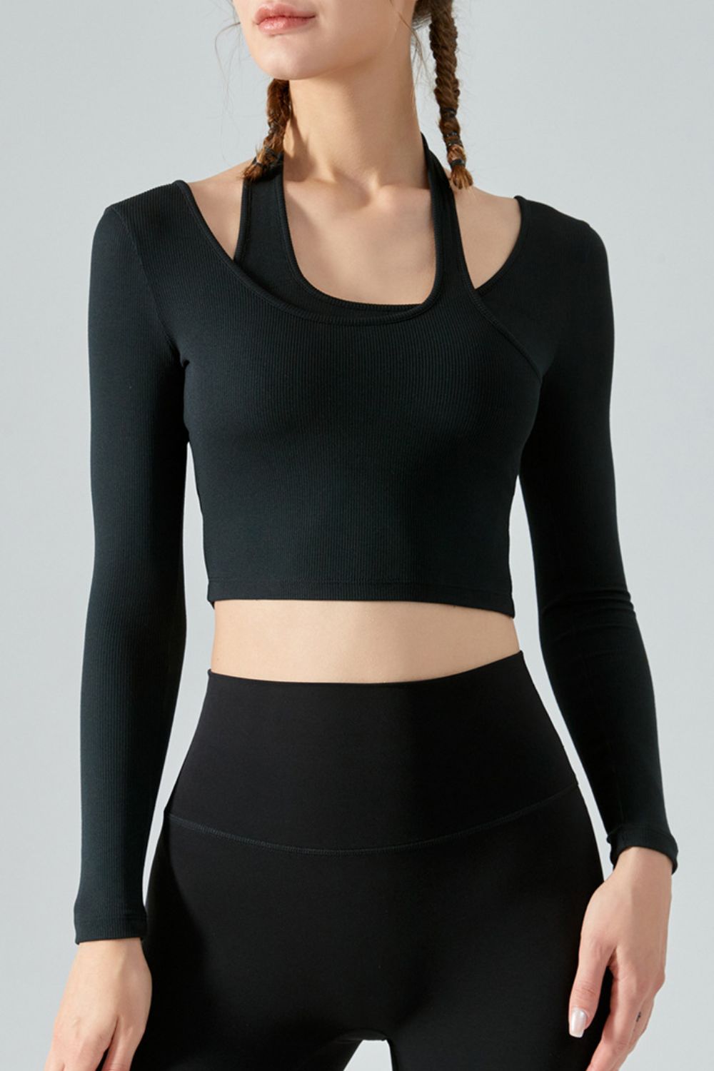 Halter Neck Long Sleeve Cropped Sports Top- stretchy long sleeves