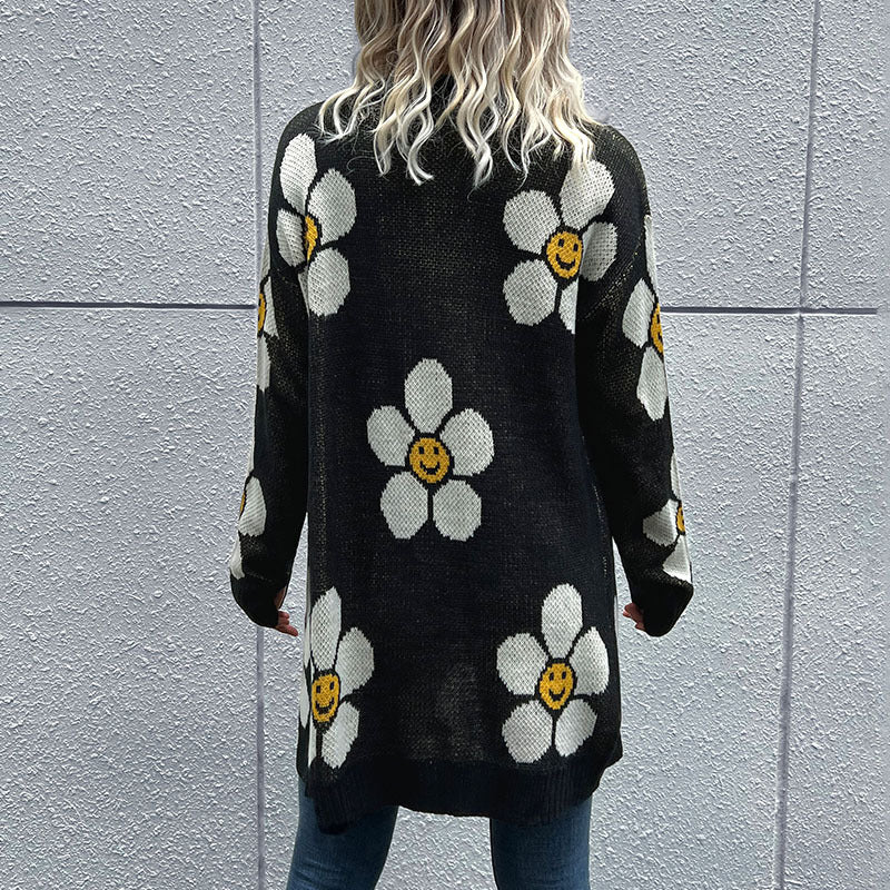 Floral Button Down Longline Cardigan, Casual, chick V-neck long sleeves.