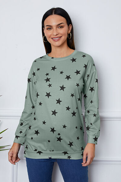 Star Print Round Neck Dropped Shoulder Sweatshirt