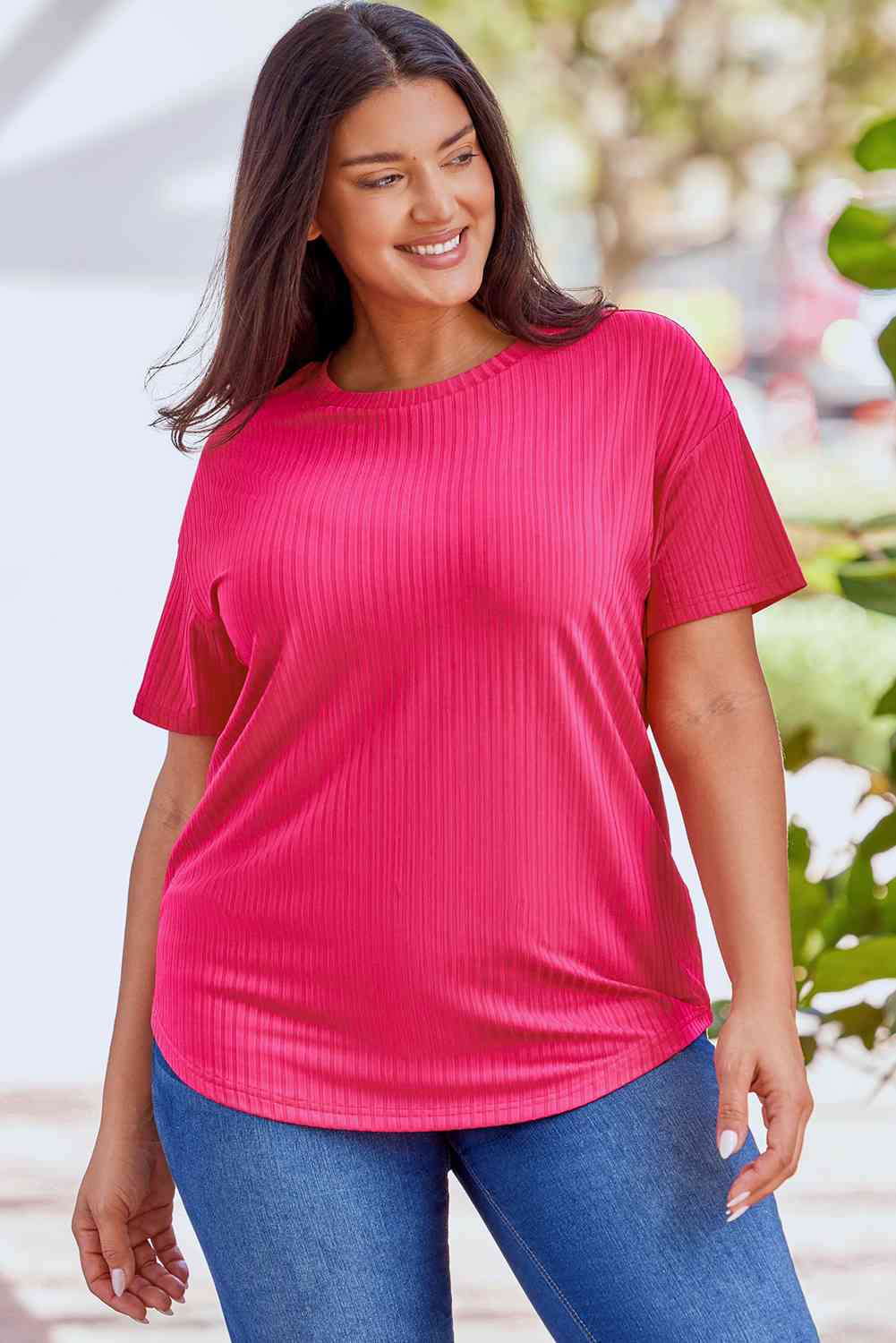 Ribbed Drop Shoulder Curved Hem Top