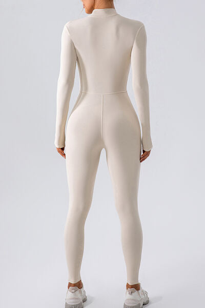 Half Zip Mock Neck Active Jumpsuit, Highly Stretchy - white- back view