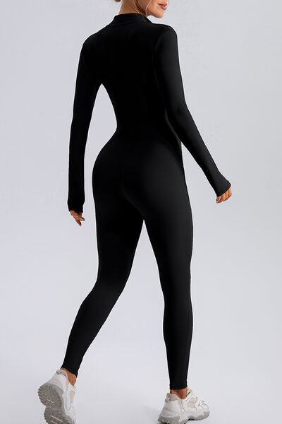 Half Zip Mock Neck Active Jumpsuit, Highly Stretchy- black - side back view- long sleeves