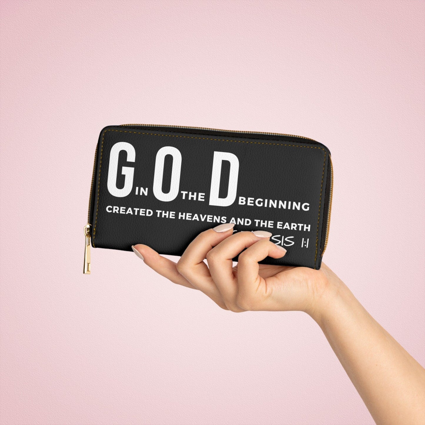 God In The Beginning Created The Heavens And The Earth - Scripture Verse Womens Zipper Wallet Clutch Black Purse-3