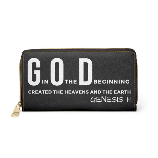 God In The Beginning Created The Heavens And The Earth - Scripture Verse Womens Zipper Wallet Clutch Black Purse-0