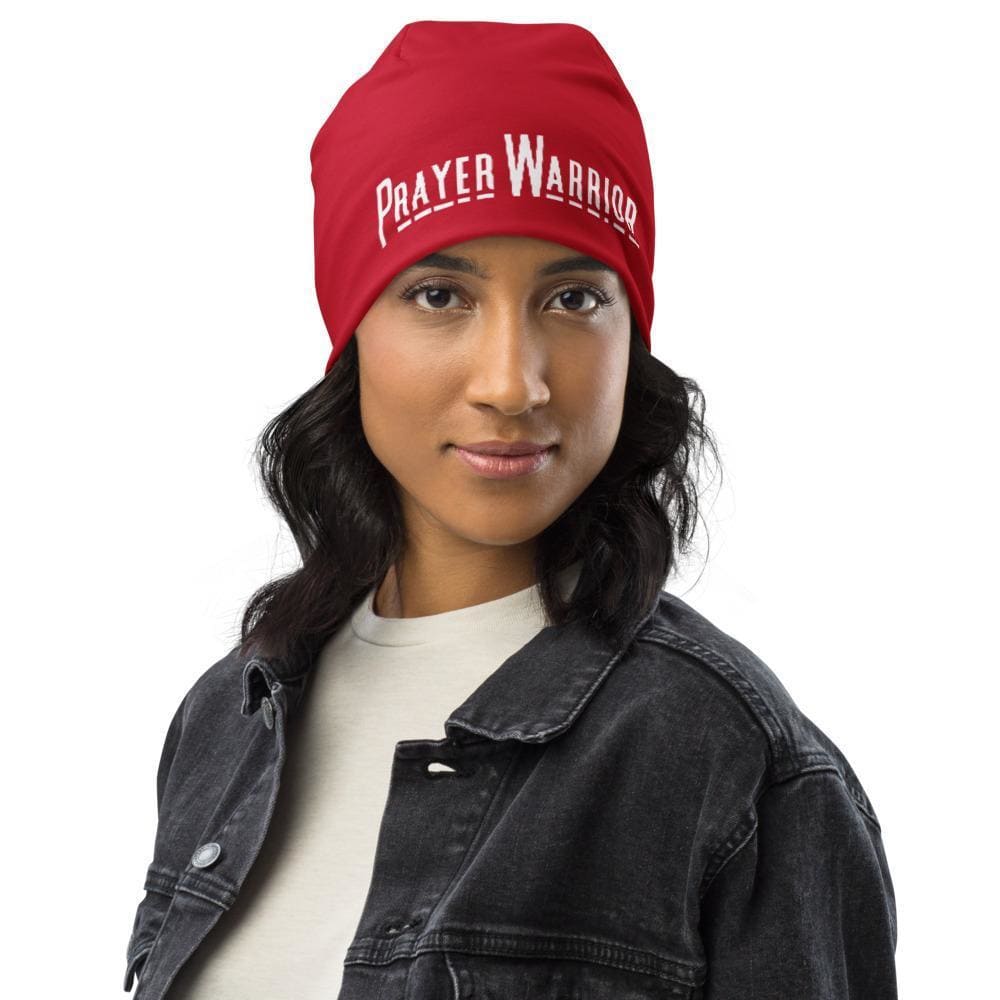 Beanie Hat - Red Slouchy Beanie Prayer Warrior Print Men/women-0